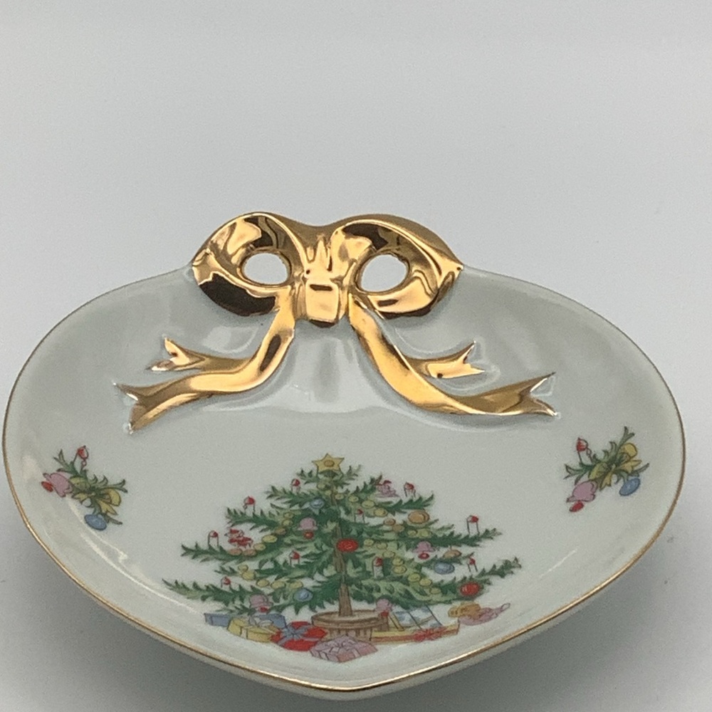 Vintage Lefton Heart Shaped Holiday Candy Dish with Gold Bow